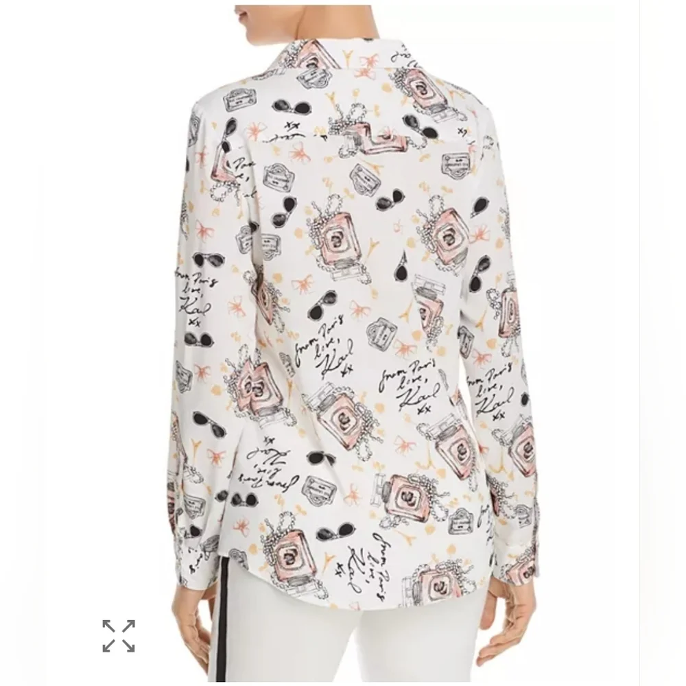 KARL LAGERFELD PARIS Whimsical Signature-Printed Blouse size M NWOT - Picture 2 of 8
